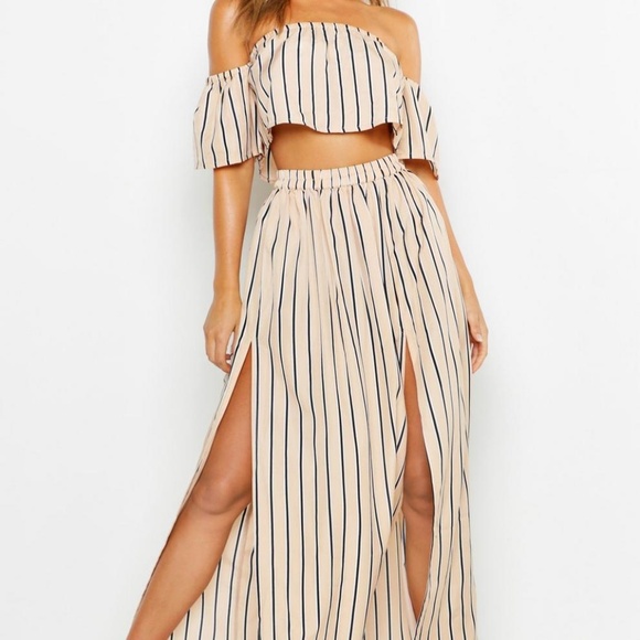 Splash Pants - Nude Pinstripe Maxi Beach Skirt & Off Shoulder Set